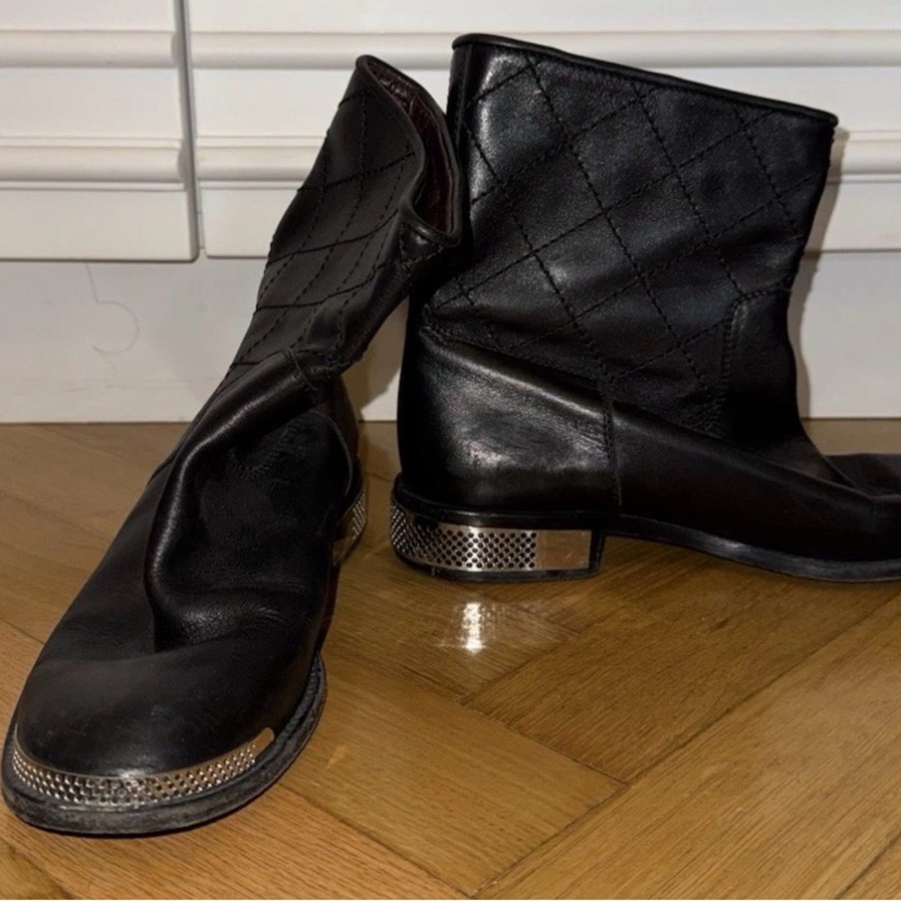 CHANEL Black Quilted Ankle Boots with Silver Accents lambskin US 8.5